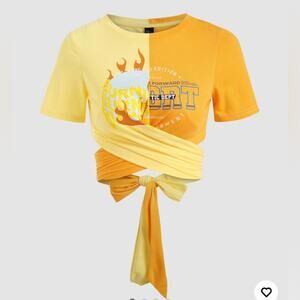 Cider Color Block Tie Front Crop Top Graphic Tee Short Sleeve Casual T Shirt Med